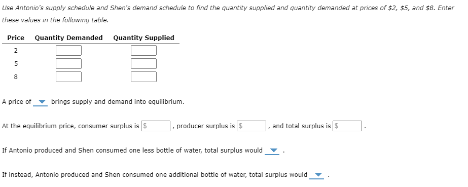 Use Antonio's supply schedule and Shen's demand schedule to find the quantity supplied and quantity demanded at prices of $2, $5, and $8. Enter
these values in the following table.
Price Quantity Demanded Quantity Supplied
8
A price of
brings supply and demand into equilibrium.
At the equilibrium price, consumer surplus is s
producer surplus is s
and total surplus is $
If Antonio produced and Shen consumed one less bottle of water, total surplus would
If instead, Antonio produced and Shen consumed one additional bottle of water, total surplus would
2.
