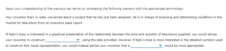 Apply your understanding of the previous key terms by completing the following scenario with the appropriate terminology.
Your coworker Rajiv is really concerned about a project that he has just been assigned. He is in charge of analyzing and determining conditions in the
market for televisions from an extensive sales report.
If Rajiv's boss is interested in a graphical presentation of the relationship between the price and quantity of televisions supplied, you would advise
your coworker to construct
using the data provided. However, if Rajiv's boss is more interested in the detailed numbers used
to construct this visual representation, you would instead advise your coworker that a
would be more appropriate.
