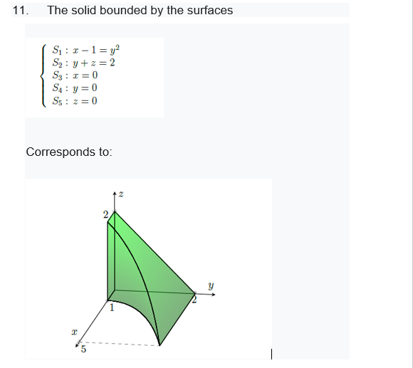 11.
The solid bounded by the surfaces
S1 : 1 -1= y?
S2 : y + z = 2
S3 : 1 = 0
S4 : y = 0
S5 : z = 0
Corresponds to:
|
