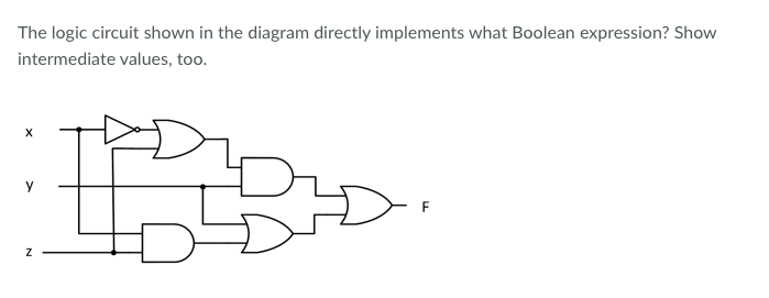 The logic circuit shown in the diagram directly implements what Boolean expression? Show
intermediate values, too.
y
