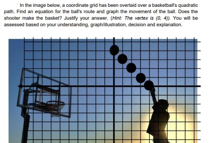 In the image below, a coordinate grid has been overlaid over a basketball's quadratic
path. Find an equation for the ball's route and graph the movement of the ball. Does the
shooter make the basket? Justify your answer. (Hint: The vertex is (0, 4)). You will be
assessed based on your understanding, graph/illustration, decision and explanation.
