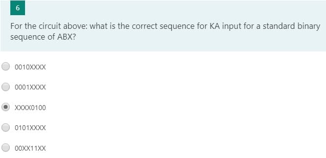 For the circuit above: what is the correct sequence for KA input for a standard binary
sequence of ABX?
0010XXXX
0001XXXX
XXXX0100
0101XXXX
00XX11XX
