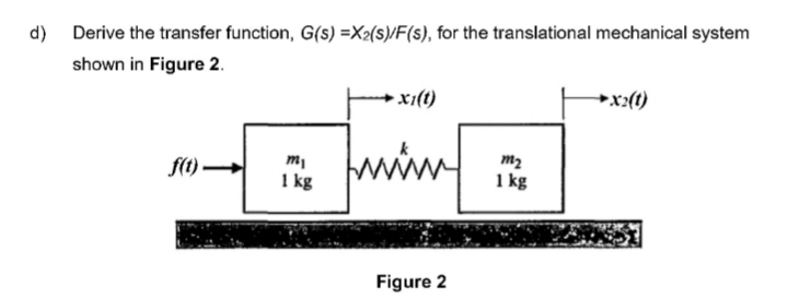 d) Derive the transfer function, G(s) =X2(s)/F(s), for the translational mechanical system
shown in Figure 2.
x;(t)
+x:(t)
m2
f(1)
1 kg
1 kg
Figure 2
