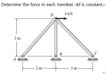 Determine the force in each member. AE is constant.+
4 kN
2 m
2 m
D
B
2 m
C