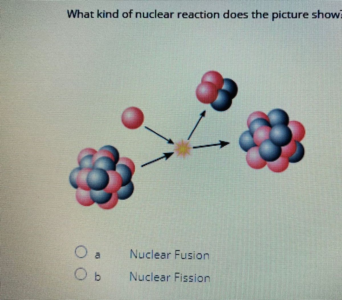 What kind of nuclear reaction does the picture show?
33
O
O b
Nuclear Fusion
Nuclear Fission