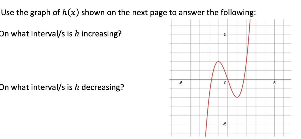 Use the graph of h(x) shown on the next page to answer the following:
On what interval/s is h increasing?
5-
-5
On what interval/s is h decreasing?
-5-
