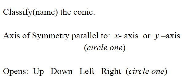 Classify(name) the conic:
Axis of Symmetry parallel to: x- axis or y-axis
(circle one)
Opens: Up Down Left Right (circle one)
