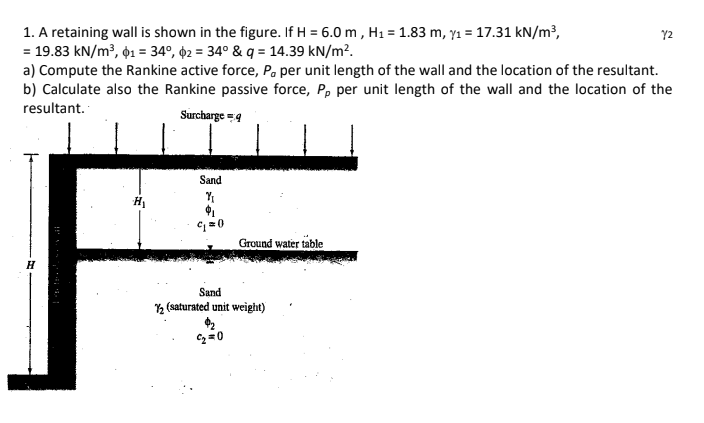 1. A retaining wall is shown in the figure. If H = 6.0 m , H1 = 1.83 m, y1 = 17.31 kN/m³,
= 19.83 kN/m³, 1 = 34°, 42 = 34° & q = 14.39 kN/m².
a) Compute the Rankine active force, P per unit length of the wall and the location of the resultant.
b) Calculate also the Rankine passive force, P, per unit length of the wall and the location of the
Y2
resultant.
Surcharge =9
Sand
Ground water table
H
Sand
2 (saturated unit weight)
