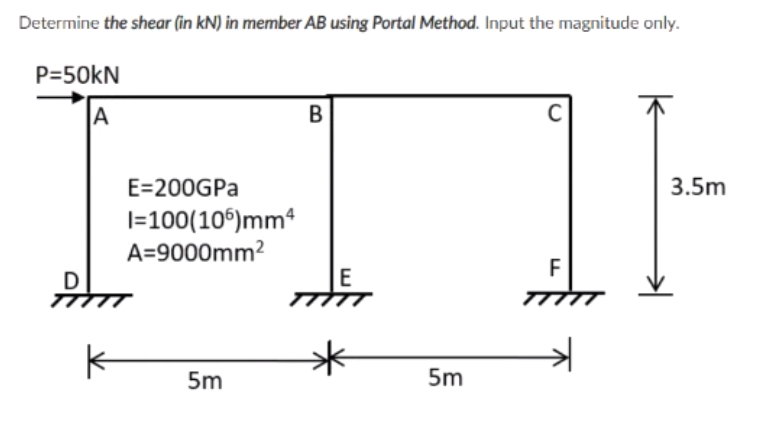 Determine the shear (in kN) in member AB using Portal Method. Input the magnitude only.
P=50KN
A
C
E=200GPA
3.5m
|=100(10°)mmª
A=9000mm2
F
D
E
5m
5m
