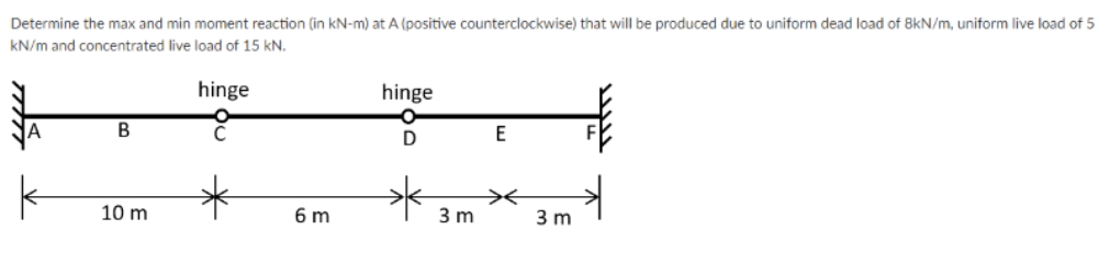 Determine the max and min moment reaction (in kN-m) at A (positive counterclockwise) that will be produced due to uniform dead load of 8kN/m, uniform live load of 5
kN/m and concentrated live load of 15 kN.
hinge
hinge
D
E
10 m
6 m
3 m
3 m
