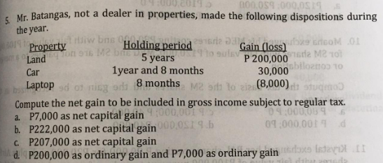 000.059:000,0$19
5. Mr. Batangas, not a dealer in properties, made the following dispositions during
the year.
1019 10
Property iw bns
ding
Holding periode da
USIT to sulav
5 years
Gain (loss)
16 Ton 916 M2 bre
199 EricoM 01
M2 101
Land
P 200,000
Car
1year and 8 months
sbiloanoo to
30,000
Laptop sd of ning od
8 months M2 s to zin(8,000) studeno)
Compute the net gain to be included in gross income subject to regular tax.
04:000,089
a. P7,000 as net capital gain :000,001 95
09:000,0019 d
b.
P222,000 as net capital gain 000,0$19.b
c. P207,000 as net capital gain
d. P200,000 as ordinary gain and P7,000 as ordinary gain oxiday I
that