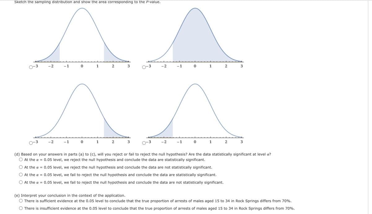 Sketch the sampling distribution and show the area corresponding to the P-value.
^
-1
0
-2
-2
-1
0
1
1
2
3
2
-2
3
0-3
0-3 -2
(d) Based on your answers in parts (a) to (c), will you reject or fail to reject the null hypothesis? Are the data statistically significant at level a?
O At the a= 0.05 level, we reject the null hypothesis and conclude the data are statistically significant.
O At the α = 0.05 level, we reject the null hypothesis and conclude the data are not statistically significant.
O At the a = 0.05 level, we fail to reject the null hypothesis and conclude the data are statistically significant.
O At the a = 0.05 level, we fail to reject the null hypothesis and conclude the data are not statistically significant.
-1
-1
0
0
1
1
2
3
2
3
(e) Interpret your conclusion in the context of the application.
O There is sufficient evidence at the 0.05 level to conclude that the true proportion of arrests of males aged 15 to 34 in Rock Springs differs from 70%.
O There is insufficient evidence at the 0.05 level to conclude that the true proportion of arrests of males aged 15 to 34 in Rock Springs differs from 70%.