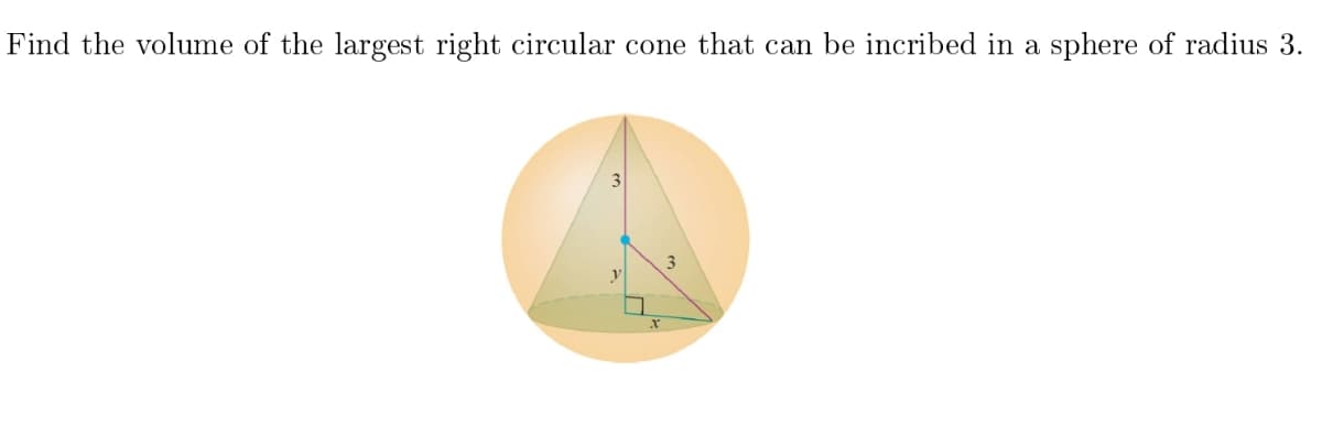 Find the volume of the largest right circular cone that can be incribed in a sphere of radius 3.
3
V
X
3