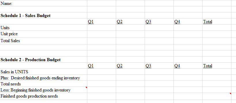 Name
Schedule 1- Sales Budget
오2
Q1
Q3
Q4
Total
Units
Unit price
Total Sales
Schedule 2 - Production Budget
오2
오4
Q1
Q3
Total
Sales in UNITS
Plus: Desired finished goods ending inventory
Total needs
Less: Beginning finished goods inventory
Finished goods production needs
