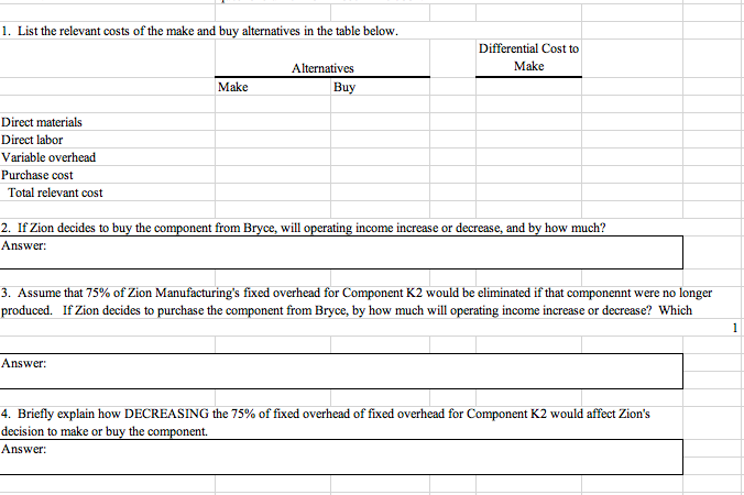 1. List the relevant costs of the make and buy alternatives in the table below
Differential Cost to
Make
Alternatives
Make
Buy
Direct materials
Direct labor
Variable overhead
Purchase cost
Total relevant cost
2. If Zion decides to buy the component from Bryce, will operating income increase or decrease, and by how much?
Answer
3. Assume that 75% of Zion Manufacturing's fixed overhead for Component K2 would be eliminated if that componennt were no longer
produced. If Zion decides to purchase the component from Bryce, by how much will operating income increase or decrease? which
1
Answer
4. Briefly explain how DECREASING the 75% of fixed overhead of fixed overhead for Component K2 would affect Zion's
decision to make or buy the component
Answer
