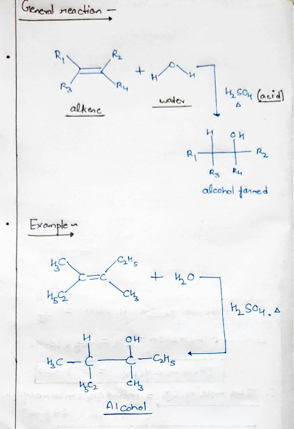 General reaction -
Rz
Ru
Hy SOu (acid)
wader
alkenc
R2
R1
Rg
alcohol tarmed
Examplen
OH
Al cohol
