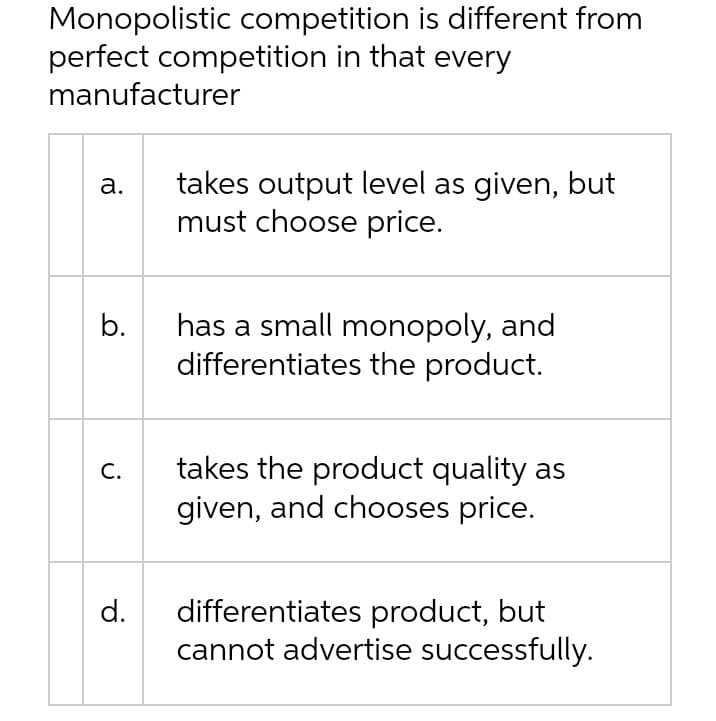 Monopolistic competition is different from
perfect competition in that every
manufacturer
takes output level as given, but
must choose price.
а.
has a small monopoly, and
differentiates the product.
b.
takes the product quality as
given, and chooses price.
С.
differentiates product, but
cannot advertise successfully.
d.
