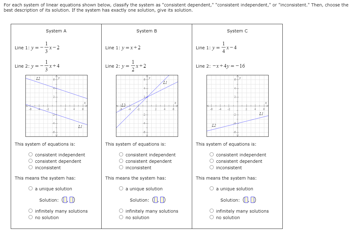 For each system of linear equations shown below, classify the system as "consistent dependent," "consistent independent," or "inconsistent." Then, choose the
best description of its solution. If the system has exactly one solution, give its solution.
System A
System B
System C
1
Line 1: y = -
3
1
x-4
2
Line 1: y =x+2
Line 1: y =
1
x+4
1
Line 2: y =
Line 2: v =-
Line 2: -x+4y=-16
L2
2-
-6
L1
L1
L2
This system of equations is:
This system of equations is:
This system of equations is:
O consistent independent
O consistent dependent
O inconsistent
O consistent independent
O consistent dependent
O inconsistent
O consistent independent
O consistent dependent
O inconsistent
This means the system has:
This means the system has:
This means the system has:
O a unique solution
O a unique solution
O a unique solution
Solution: (0D)
Solution: (1.D
Solution: O U)
O infinitely many solutions
O no solution
O infinitely many solutions
O no solution
O infinitely many solutions
O no solution
