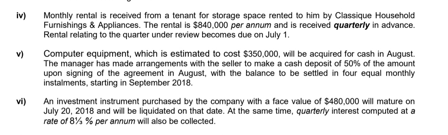 iv)
Monthly rental is received from a tenant for storage space rented to him by Classique Household
Furnishings & Appliances. The rental is $840,000 per annum and is received quarterly in advance.
Rental relating to the quarter under review becomes due on July 1.
Computer equipment, which is estimated to cost $350,000, will be acquired for cash in August.
v)
The manager has made arrangements with the seller to make a cash deposit of 50% of the amount
upon signing of the agreement in August, with the balance to be settled in four equal monthly
instalments, starting in September 2018.
An investment instrument purchased by the company with a face value of $480,000 will mature on
vi)
July 20, 2018 and will be liquidated on that date. At the same time, quarterly interest computed at a
rate of 8% % per annum will also be collected.
