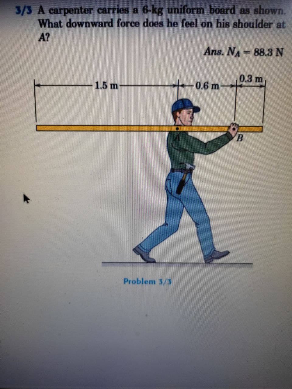 3/3 A carpenter carries a 6-kg uniform board as shown.
What downward force does he feel on his shoulder at
A?
Ans. NA 88.3 N
0.3 m
-1.5 m
-0.6 m
Problem 3/3
