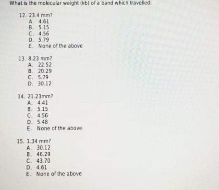 What is the molecular weight (kb) ofa band which travelled:
12. 23.4 mm?
A. 4.61
B. 5.15
C. 4.56
D. 5.79
E. None of the above
13. 8.23 mm?
A. 22.52
8. 20.29
C. 5.79
D. 30.12
14. 21.23mm?
A. 4.41
B. 5.15
C. 4.56
D. 5.48
E. None of the above
15. 1.34 mm?
A. 30.12
B. 46.29
C. 43.70
D. 4.61
E. None of the above
