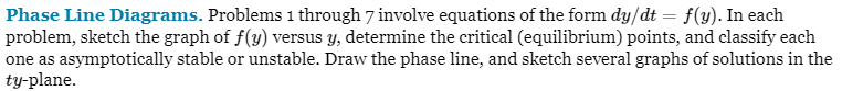 Phase Line Diagrams. Problems 1 through 7 involve equations of the form dy/dt = f(y). In each
problem, sketch the graph of f(y) versus y, determine the critical (equilibrium) points, and classify each
one as asymptotically stable or unstable. Draw the phase line, and sketch several graphs of solutions in the
ty-plane.