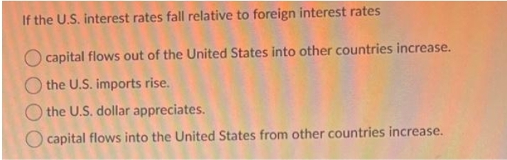 If the U.S. interest rates fall relative to foreign interest rates
O capital flows out of the United States into other countries increase.
the U.S. imports rise.
the U.S. dollar appreciates.
capital flows into the United States from other countries increase.
