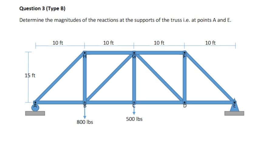 Question 3 (Type B)
Determine the magnitudes of the reactions at the supports of the truss i.e. at points A and E.
10 ft
10 ft
10 ft
10 ft
15 ft
500 Ibs
800 lbs
