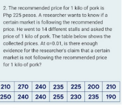 2. The recommended price for 1 kilo of pork is
Php 225 pesos. A researcher wants to know if a
certain market is following the recommended
price. He went to 14 different stalls and asked the
price of 1 kilo of pork. The table below shows the
collected prices. At a=0.01, is there enough
evidence for the researcher's claim that a certain
market is not following the recommended price
for 1 kilo of pork?
210 270 240 235 225 200 210
250 240 240 255 230 235 190
