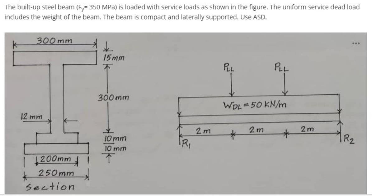 The built-up steel beam (F= 350 MPa) is loaded with service loads as shown in the figure. The uniform service dead load
includes the weight of the beam. The beam is compact and laterally supported. Use ASD.
300 mm
12 mm
| £200mm /
250mm
Section
↓
15mm
300mm
207
10 mm
10 mm
FRI
2m
PLL
WDL= 50 kN/m
*
PLL
2m
2m
800
R₂