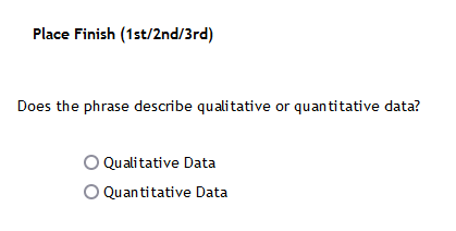 Place Finish (1st/2nd/3rd)
Does the phrase describe qualitative or quantitative data?
Qualitative Data
Quantitative Data
