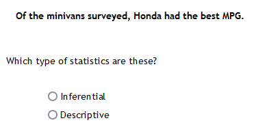Of the minivans surveyed, Honda had the best MPG.
Which type of statistics are these?
Inferential
O Descriptive
