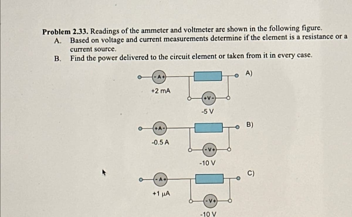 Problem 2.33. Readings of the ammeter and voltmeter are shown in the following figure.
A. Based on voltage and current measurements determine if the element is a resistance or a
current source.
B. Find the power delivered to the circuit element or taken from it in every case.
A+
A)
+2 mA
+V-
-5 V
B)
+A-
-0.5 A
-V+
-10 V
A
+1 μA
-V+
-10 V