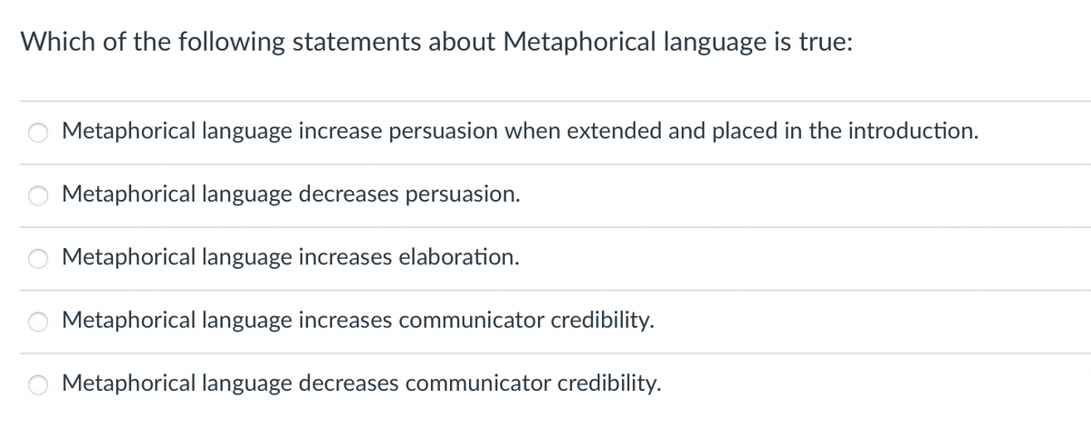 Which of the following statements about Metaphorical language is true:
Metaphorical language increase persuasion when extended and placed in the introduction.
Metaphorical language decreases persuasion.
Metaphorical language increases elaboration.
Metaphorical language increases communicator credibility.
Metaphorical language decreases communicator credibility.