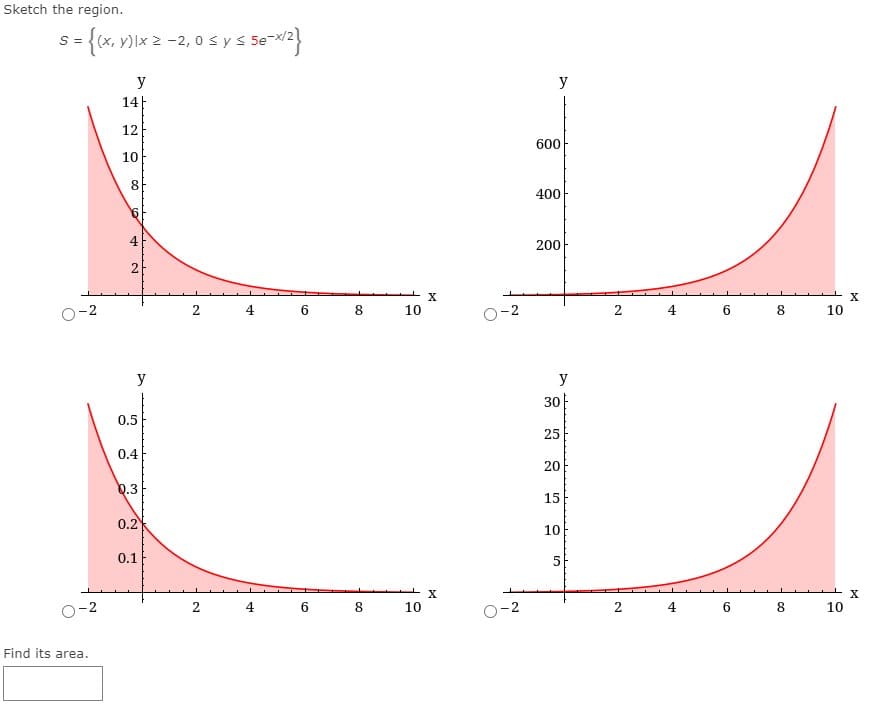 Sketch the region.
S = {(x, y)lx 2 -2, 0 s ys 5e-x/2
y
y
14}
12
600
10
8
400
4
200
4
6.
8
10
O-2
2
4
8
10
y
y
30
0.5
25
0.4
20
0.3
15
0.2
10
0.1
X.
2.
4 6
8.
10
2.
4
6.
8.
10
Find its area.
9,
2.
2.
2.
