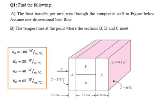 Ql: Find the following:
A) The heat transfer per unit area through the composite wall in Figure below.
Assume one-dimensional heat flow
B) The temperature at the point where the sections B, D and C meet
KA = 100 W/m.C
Kg = 20 W/m.C
4, = 01m
Kc = 40 W/m.C
Kp = 65 W/m.C
T= 370°C
D
T= 66'C
25 em - -75 em 5.0 cm-
