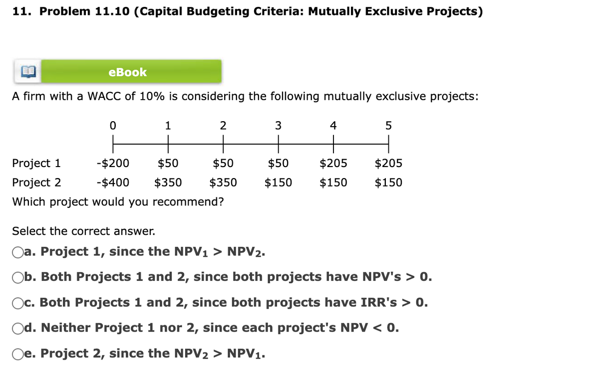 11. Problem 11.10 (Capital Budgeting Criteria: Mutually Exclusive Projects)
еBook
A firm with a WACC of 10% is considering the following mutually exclusive projects:
4
Project 1
-$200
$50
$50
$50
$205
$205
Project 2
-$400
$350
$350
$150
$150
$150
Which project would you recommend?
Select the correct answer.
Oa. Project 1, since the NPV1 > NPV2.
Ob. Both Projects 1 and 2, since both projects have NPV's > 0.
Oc. Both Projects 1 and 2, since both projects have IRR's > 0.
Od. Neither Project 1 nor 2, since each project's NPV < 0.
Oe. Project 2, since the NPV2 > NPV1.
