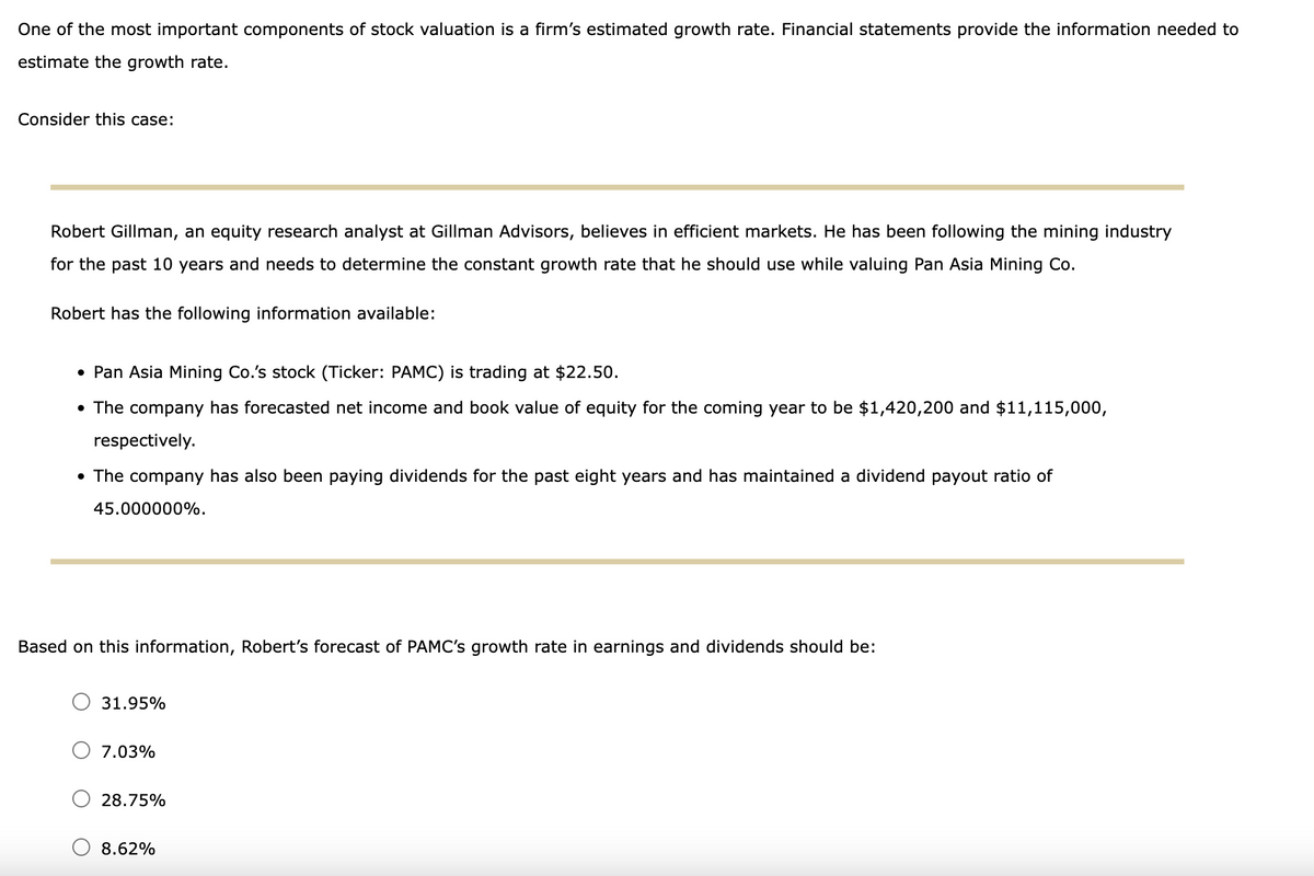 One of the most important components of stock valuation is a firm's estimated growth rate. Financial statements provide the information needed to
estimate the growth rate.
Consider this case:
Robert Gillman, an equity research analyst at Gillman Advisors, believes in efficient markets. He has been following the mining industry
for the past 10 years and needs to determine the constant growth rate that he should use while valuing Pan Asia Mining Co.
Robert has the following information available:
• Pan Asia Mining Co.'s stock (Ticker: PAMC) is trading at $22.50.
• The company has forecasted net income and book value of equity for the coming year to be $1,420,200 and $11,115,000,
respectively.
• The company has also been paying dividends for the past eight years and has maintained a dividend payout ratio of
45.000000%.
Based on this information, Robert's forecast of PAMC's growth rate in earnings and dividends should be:
31.95%
7.03%
28.75%
8.62%
