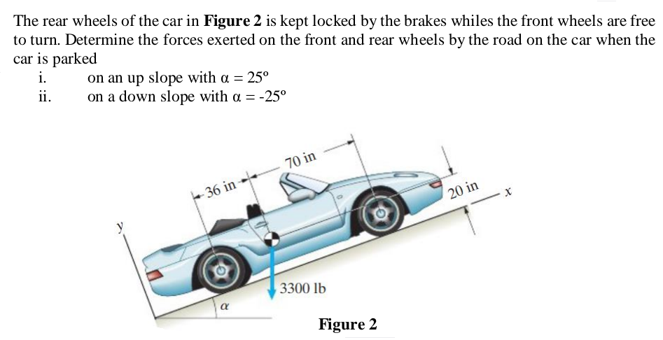 The rear wheels of the car in Figure 2 is kept locked by the brakes whiles the front wheels are free
to turn. Determine the forces exerted on the front and rear wheels by the road on the car when the
car is parked
i.
on an up slope with a = 25°
on a down slope with a = -25°
ii.
70 in
- 36 in-
20 in
3300 lb
Figure 2
