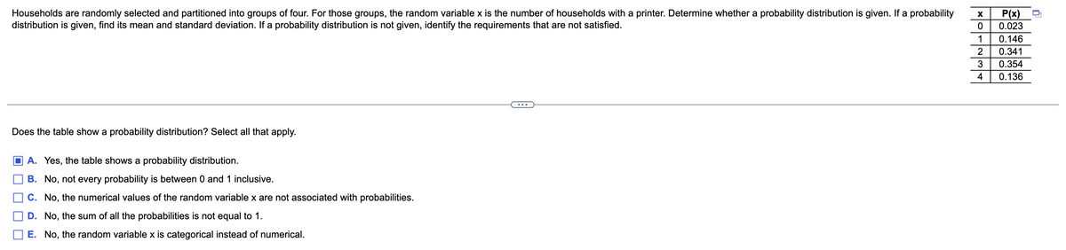 Households are randomly selected and partitioned into groups of four. For those groups, the random variable x is the number of households with a printer. Determine whether a probability distribution is given. If a probability
distribution is given, find its mean and standard deviation. If a probability distribution is not given, identify the requirements that are not satisfied.
Does the table show a probability distribution? Select all that apply.
A. Yes, the table shows a probability distribution.
B. No, not every probability is between 0 and 1 inclusive.
C. No, the numerical values of the random variable x are not associated with probabilities.
D. No, the sum of all the probabilities is not equal to 1.
E. No, the random variable x is categorical instead of numerical.
X P(x)
0 0.023
1 0.146
2
0.341
3
0.354
4
0.136
n