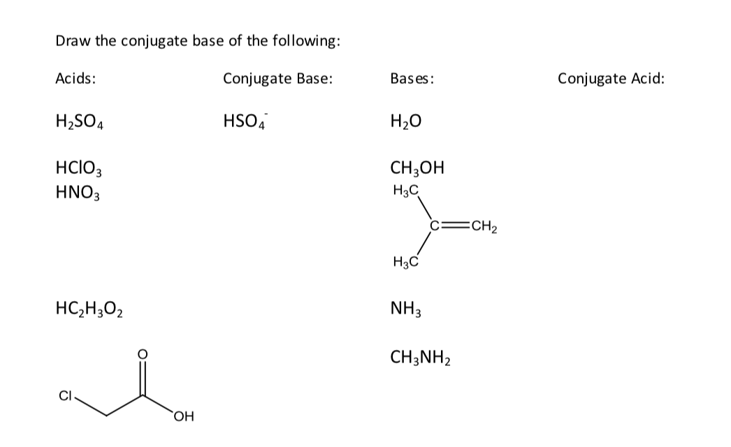 Draw the conjugate base of the following:
Acids:
Conjugate Base:
Bases:
Conjugate Acid:
H;SO4
HSO4
H20
HCIO3
HNO3
CH;OH
H3C
CH2
H3C
