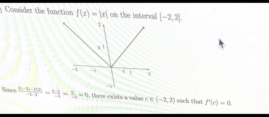 ) Consider the function f(a) = |x| on the interval [-2,2).
2
Since (-2)-f(2)
=%=0, there exists a value cE (-2,2) such that f'(c) = 0.
-2-2
