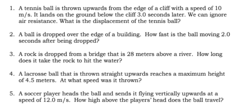 1. A tennis ball is thrown upwards from the edge of a cliff with a speed of 10
m/s. It lands on the ground below the cliff 3.0 seconds later. We can ignore
air resistance. What is the displacement of the tennis ball?
2. A ball is dropped over the edge of a building. How fast is the ball moving 2.0
seconds after being dropped?
3. A rock is dropped from a bridge that is 28 meters above a river. How long
does it take the rock to hit the water?
4. A lacrosse ball that is thrown straight upwards reaches a maximum height
of 4.5 meters. At what speed was it thrown?
5. A soccer player heads the ball and sends it flying vertically upwards at a
speed of 12.0 m/s. How high above the players’ head does the ball travel?
