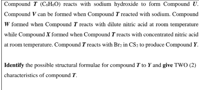 Compound T (C6H6O) reacts with sodium hydroxide to form Compound U.
Compound V can be formed when Compound T reacted with sodium. Compound
W formed when Compound T reacts with dilute nitric acid at room temperature
while Compound X formed when Compound T reacts with concentrated nitric acid
at room temperature. Compound T reacts with Br2 in CS2 to produce Compound Y.
Identify the possible structural formulae for compound T to Y and give TWO (2)
characteristics of compound T.
