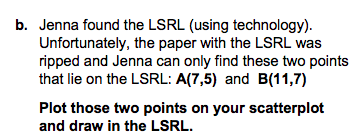 b. Jenna found the LSRL (using technology).
Unfortunately, the paper with the LSRL was
ripped and Jenna can only find these two points
that lie on the LSRL: A(7,5) and B(11,7)
Plot those two points on your scatterplot
and draw in the LSRL.
