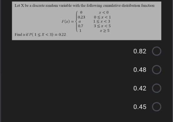 Let X be a discrete random variable with the following cunmlative distribution function
x <0
0.23
F(x) = { a
15r<3
0.7
3Sx<5
r25
Find a if P(1S X < 3) = 0.22
0.82
0.48
0.42
0.45
