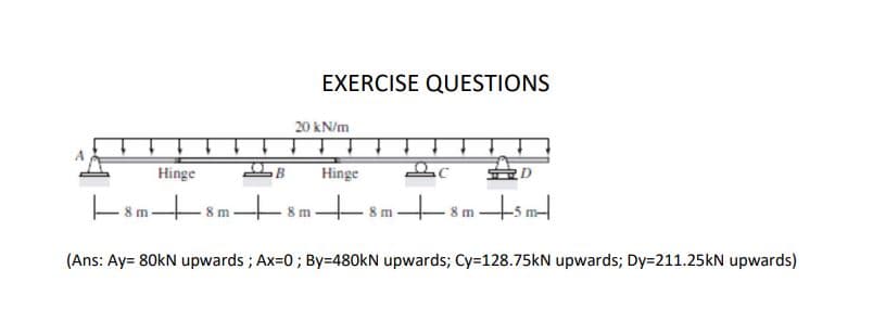 EXERCISE QUESTIONS
20 kN/m
Hinge
Hinge
8 m
(Ans: Ay= 80kN upwards ; Ax=0; By=480KN upwards; Cy=128.75kN upwards; Dy=211.25kN upwards)
