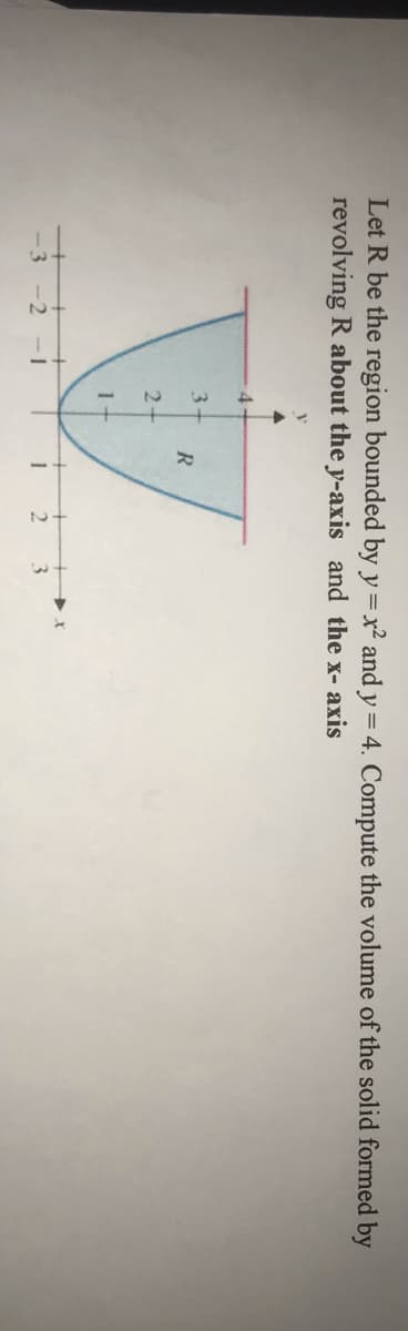 Let R be the region bounded by y=x² and y= 4. Compute the volume of the solid formed by
revolving R about the y-axis and the x- axis
4
3.
R
2+
2.
3.
