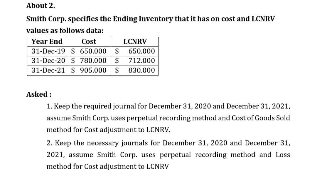 About 2.
Smith Corp. specifies the Ending Inventory that it has on cost and LCNRV
values as follows data:
Year End
Cost
LCNRV
31-Dec-19 $ 650.000
2$
650.000
31-Dec-20 $780.000
2$
712.000
31-Dec-21 $ 905.000
$
830.000
Asked :
1. Keep the required journal for December 31, 2020 and December 31, 2021,
assume Smith Corp. uses perpetual recording method and Cost of Goods Sold
method for Cost adjustment to LCNRV.
2. Keep the necessary journals for December 31, 2020 and December 31,
2021, assume Smith Corp. uses perpetual recording method and Loss
method for Cost adjustment to LCNRV
