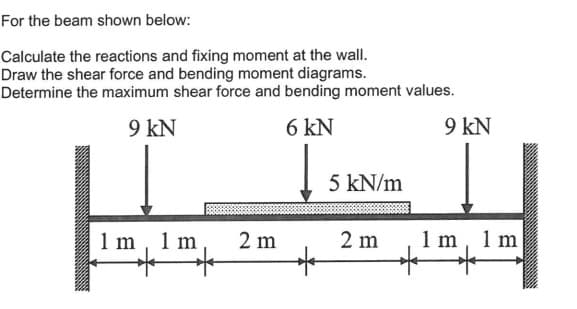 For the beam shown below:
Calculate the reactions and fixing moment at the wall.
Draw the shear force and bending moment diagrams.
Determine the maximum shear force and bending moment values.
9 kN
6 kN
9 kN
1 m, 1 m
*
2 m
5 kN/m
2 m
1 m 1 m
*